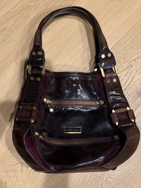 Jimmy Choo Burgundy Patent Leather Shoulder Hobo with Gold Hardware